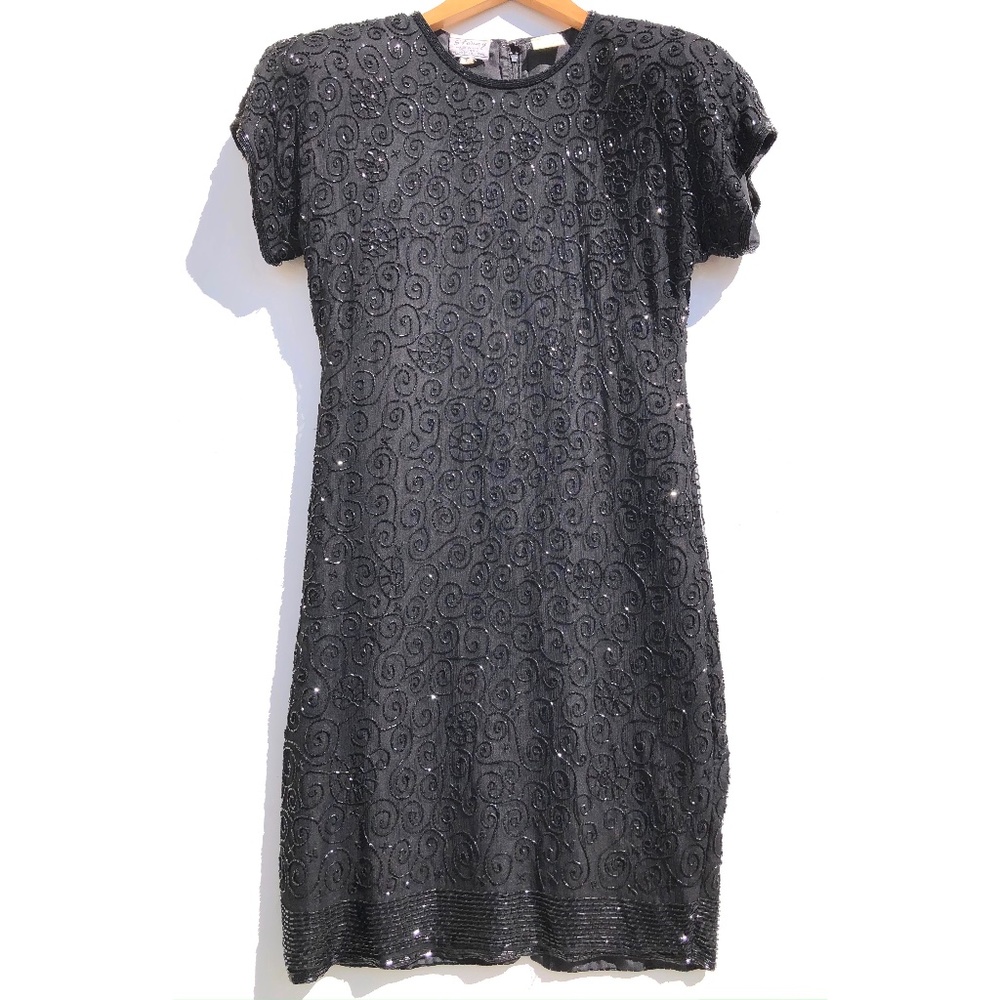 Stenay Cocktail Dress Size 6 Black Beaded Silk Vintage 1980s Glam Party Evening